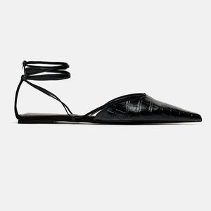 NWT Zara black embossed pointed toe flats with ankle laces size 6